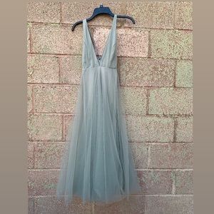 FLOATING BY PLUNGING NECKLINE MESH OVERLAY MIDI DRESS SAGE